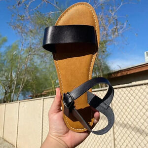 Flat Faux Leather Ankle Strap Adjustable Buckle Sandals